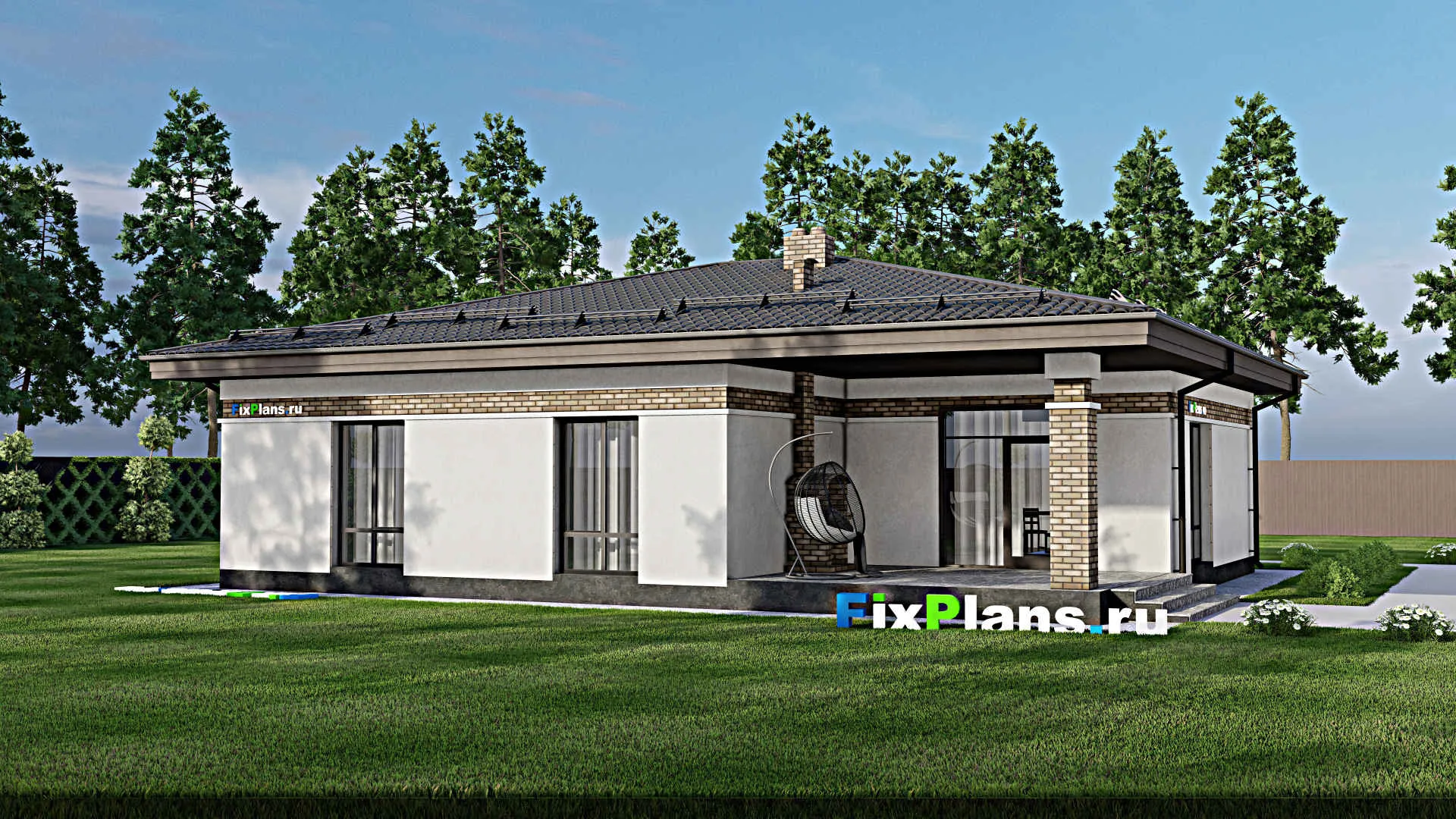 F-2168 - План одноэтажного дома 16 на 18, площадью 180 м² с террасой, баней, гаражом на 1 машину и 2 спальнями