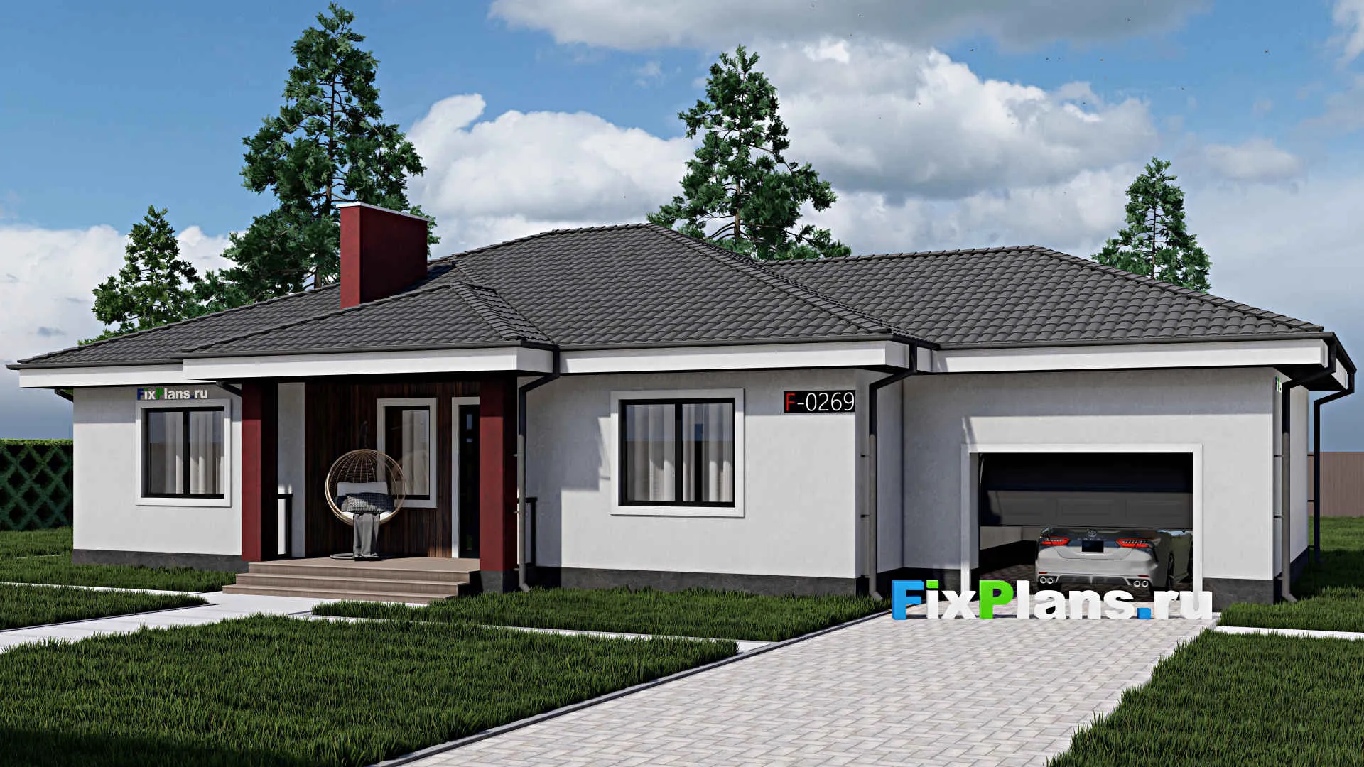 F-0269 - Проект одноэтажного дома 12 на 20, площадью 180 м² с террасой, гаражом на 1 машину и 3 спальнями