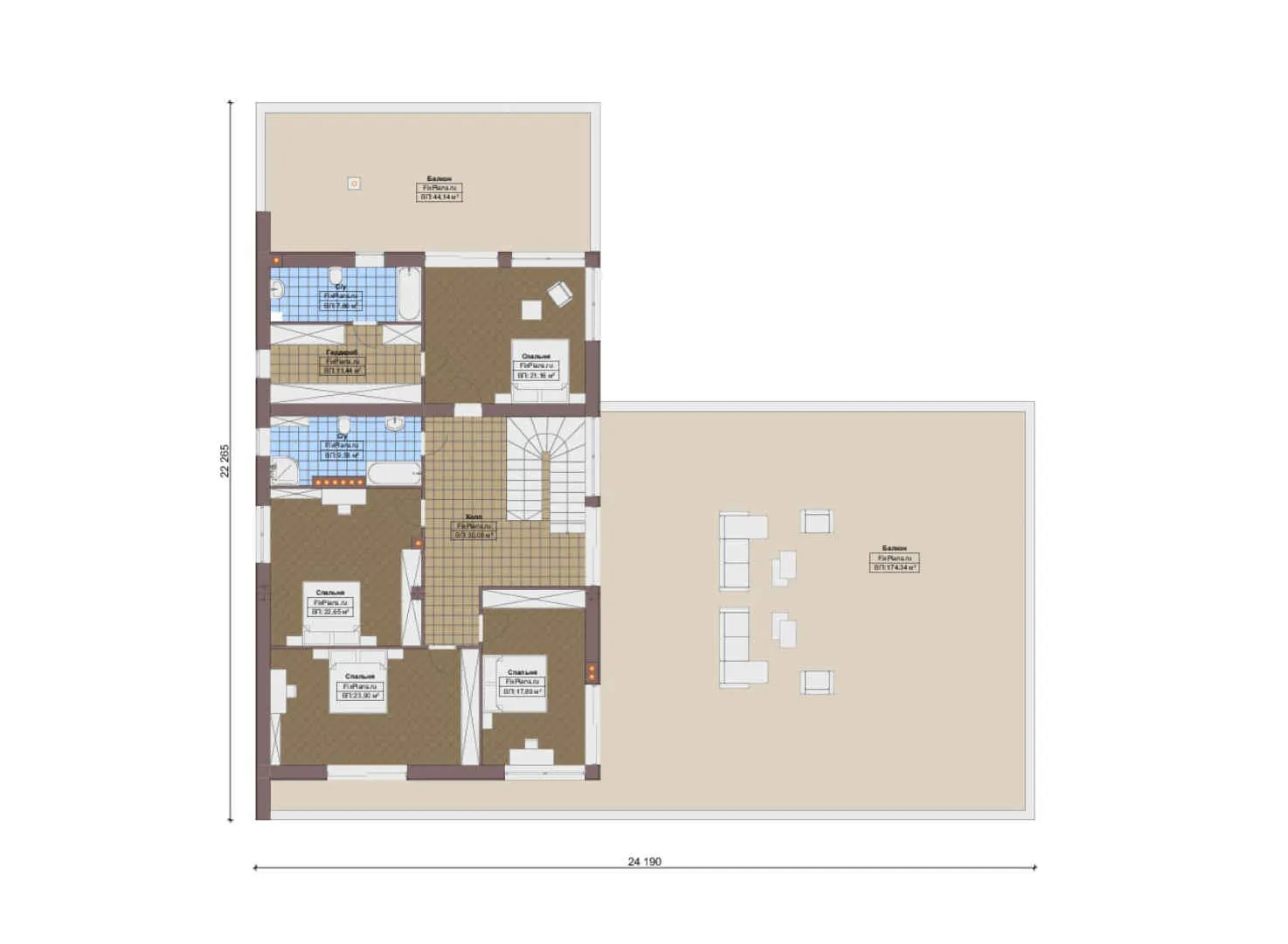 F-16028 - Планы двухэтажного дома 25 на 26, площадью 850 м² с террасой, балконом, гаражом на 2 машины и 5 спальнями