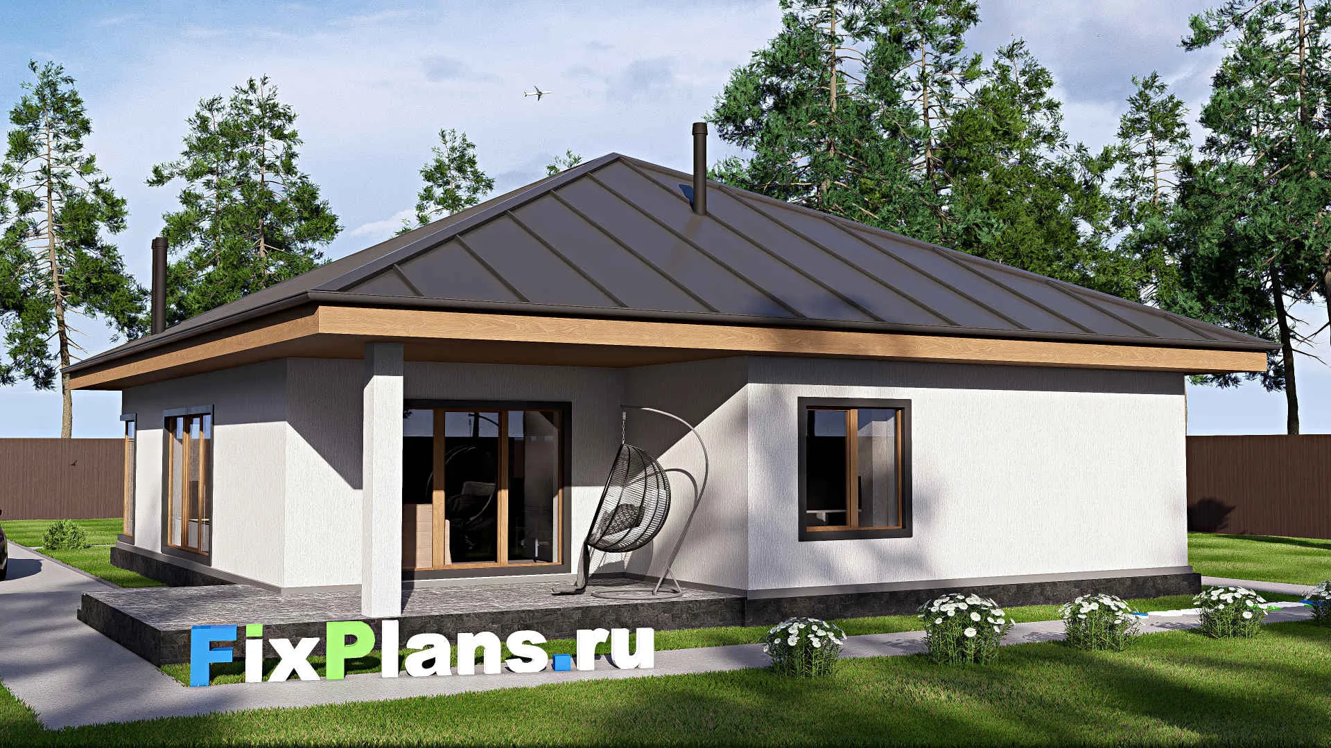 F-19484 - План одноэтажного дома 14 на 15, площадью 140 м² с террасой и 3 спальнями