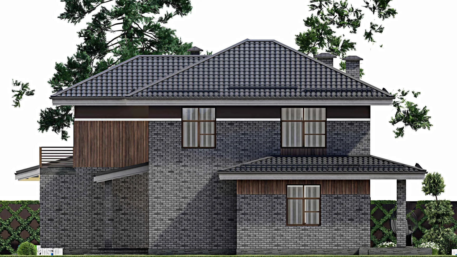 F-9989 - Проект двухэтажного дома 17 на 18, площадью 270 м² с террасой, балконом, гаражом на 2 машины и 3 спальнями