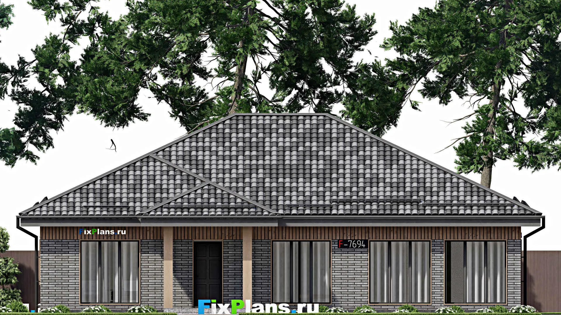 F-7694 - План одноэтажного дома 15 на 16, площадью 170 м² с террасой, баней и 3 спальнями