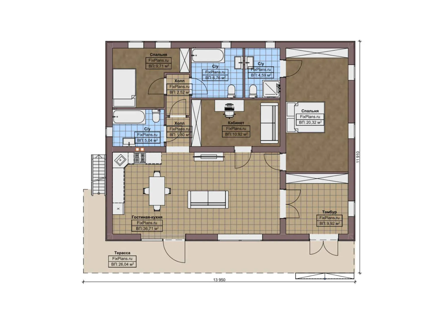F-8882 - План одноэтажного дома 12 на 14, площадью 140 м² с террасой и 2 спальнями