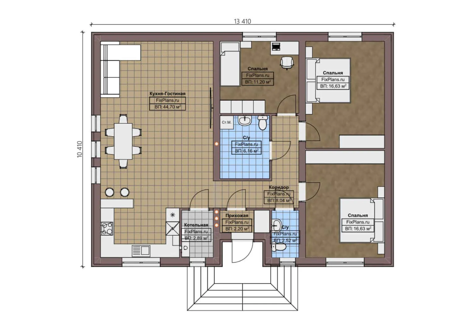 F-0692 - План одноэтажного дома 11 на 14, площадью 120 м² с 3 спальнями