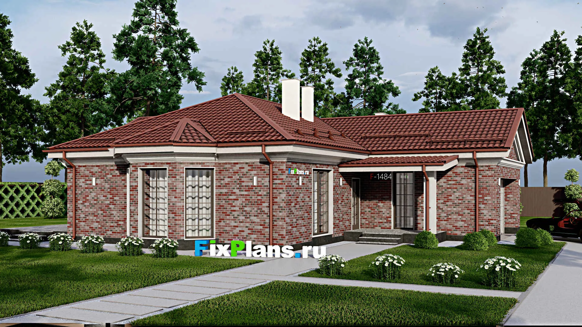 F-1484 - Проект одноэтажного дома 15 на 19, площадью 190 м² с террасой, гаражом на 1 машину и 3 спальнями