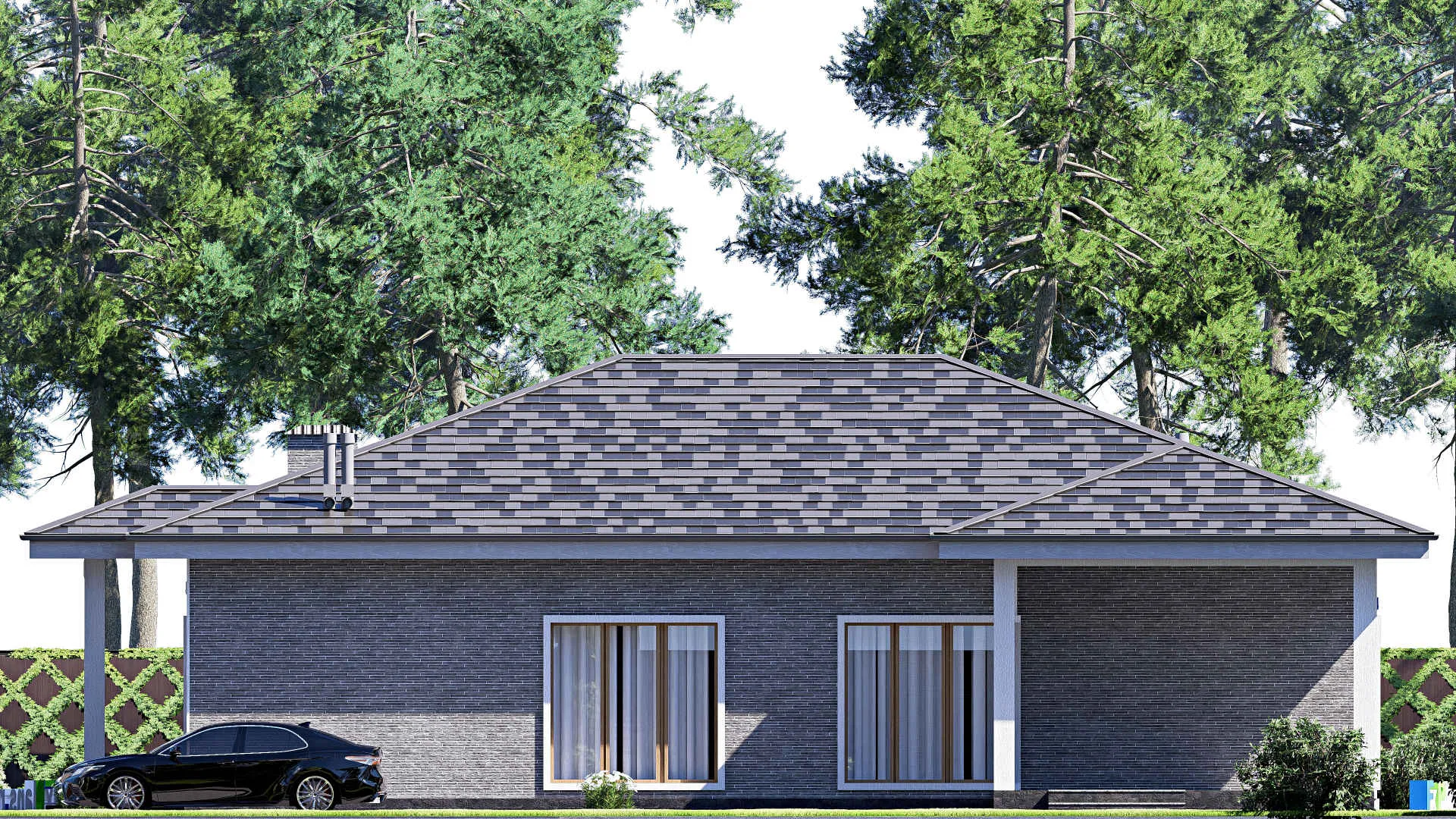 F-20384 - Проект одноэтажного дома 15 на 19, площадью 200 м² с террасой и 3 спальнями