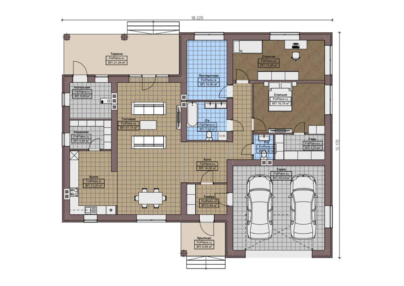 F-1178 - План одноэтажного дома 16 на 19, площадью 220 м² с террасой, гаражом на 2 машины и 2 спальнями