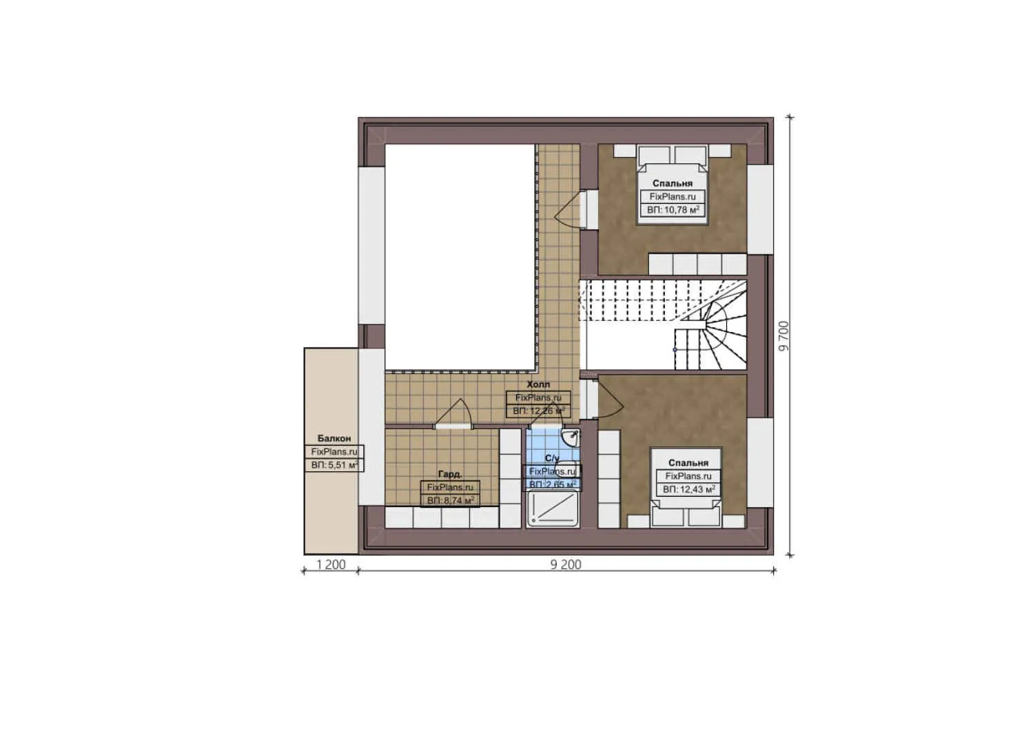 F-2006 - Планы дома с мансардой 10 на 10, площадью 160 м² с террасой, балконом и 3 спальнями