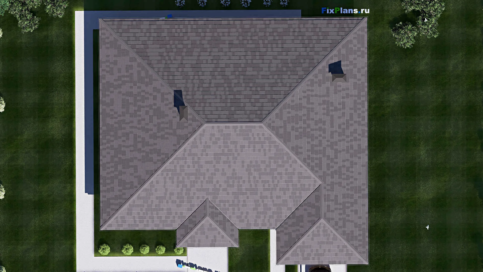 F-17954 - Проект одноэтажного дома 20 на 21, площадью 320 м² с террасой, гаражом на 2 машины и 2 спальнями