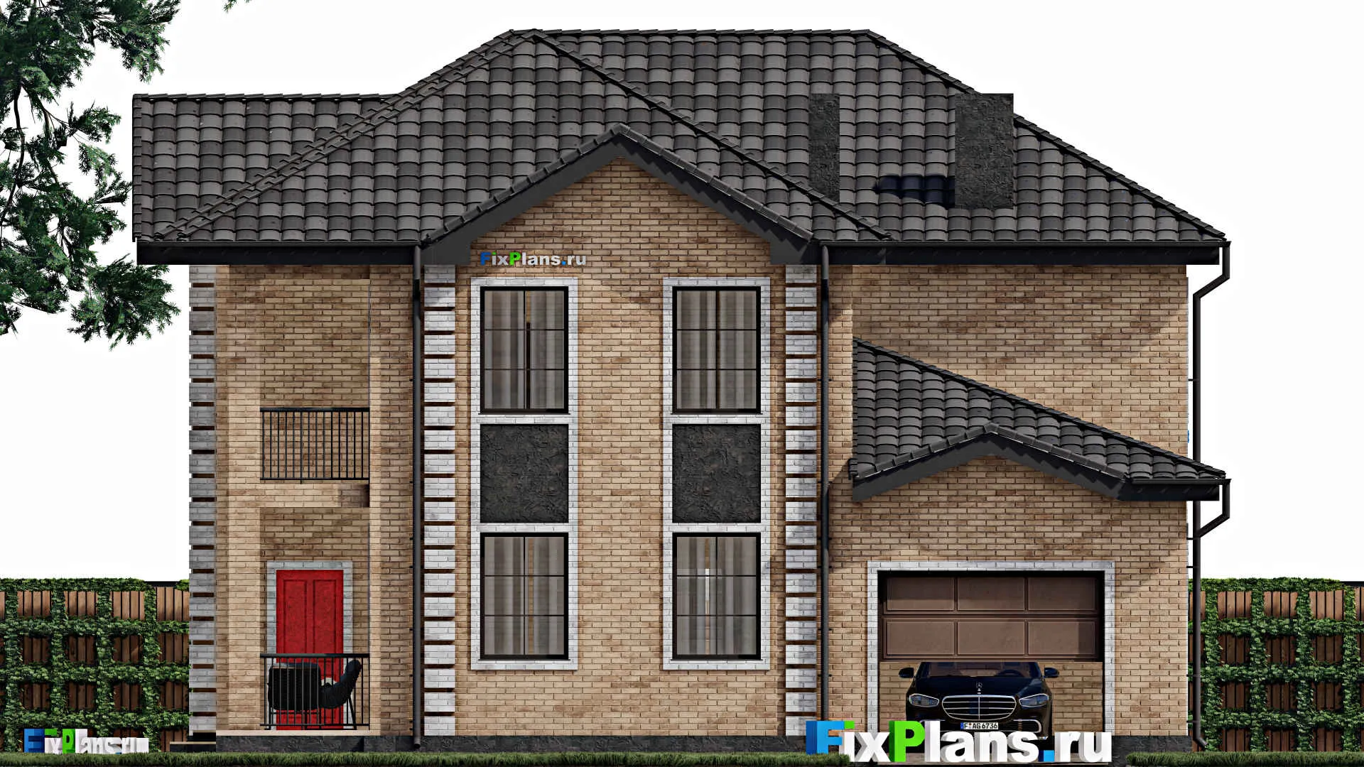 F-0620 - Планы двухэтажного дома 13 на 15, площадью 270 м² с террасой, балконом, гаражом на 1 машину и 4 спальнями