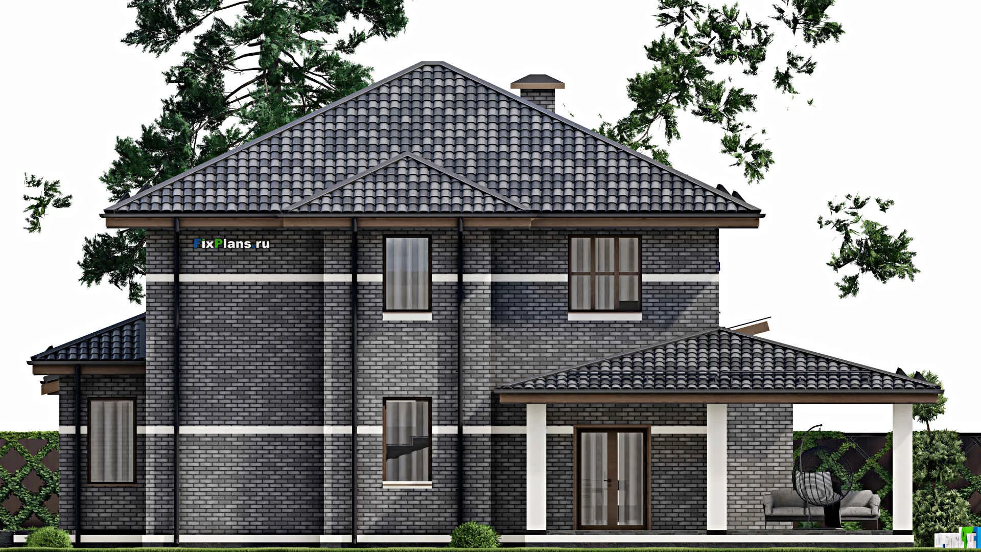 F-3482 - Планы двухэтажного дома 19 на 23, площадью 350 м² с террасой, гаражом на 2 машины и 5 спальнями