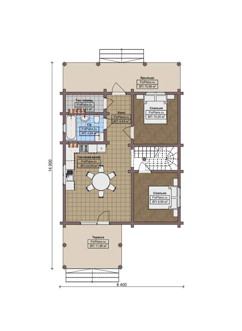 F-7640 - Планы дома с мансардой 9 на 11, площадью 150 м² с террасой и 2 спальнями