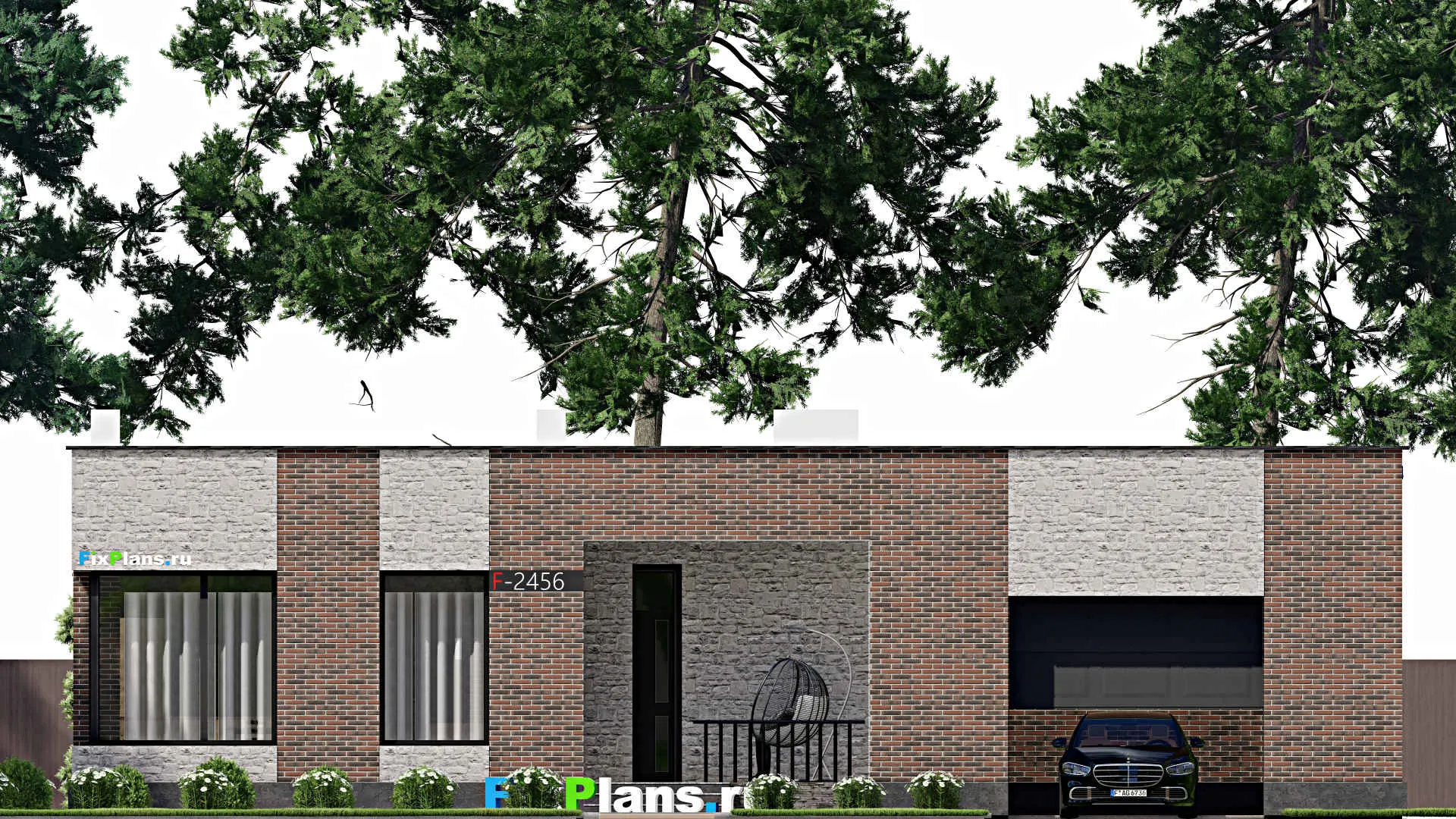 F-2456 - Проект одноэтажного дома 17 на 19, площадью 160 м² с гаражом на 2 машины и 2 спальнями