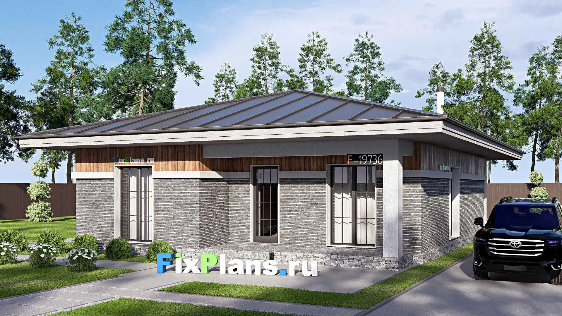 F-19736 - Проект одноэтажного дома 13 на 16, площадью 140 м² с террасой и 3 спальнями