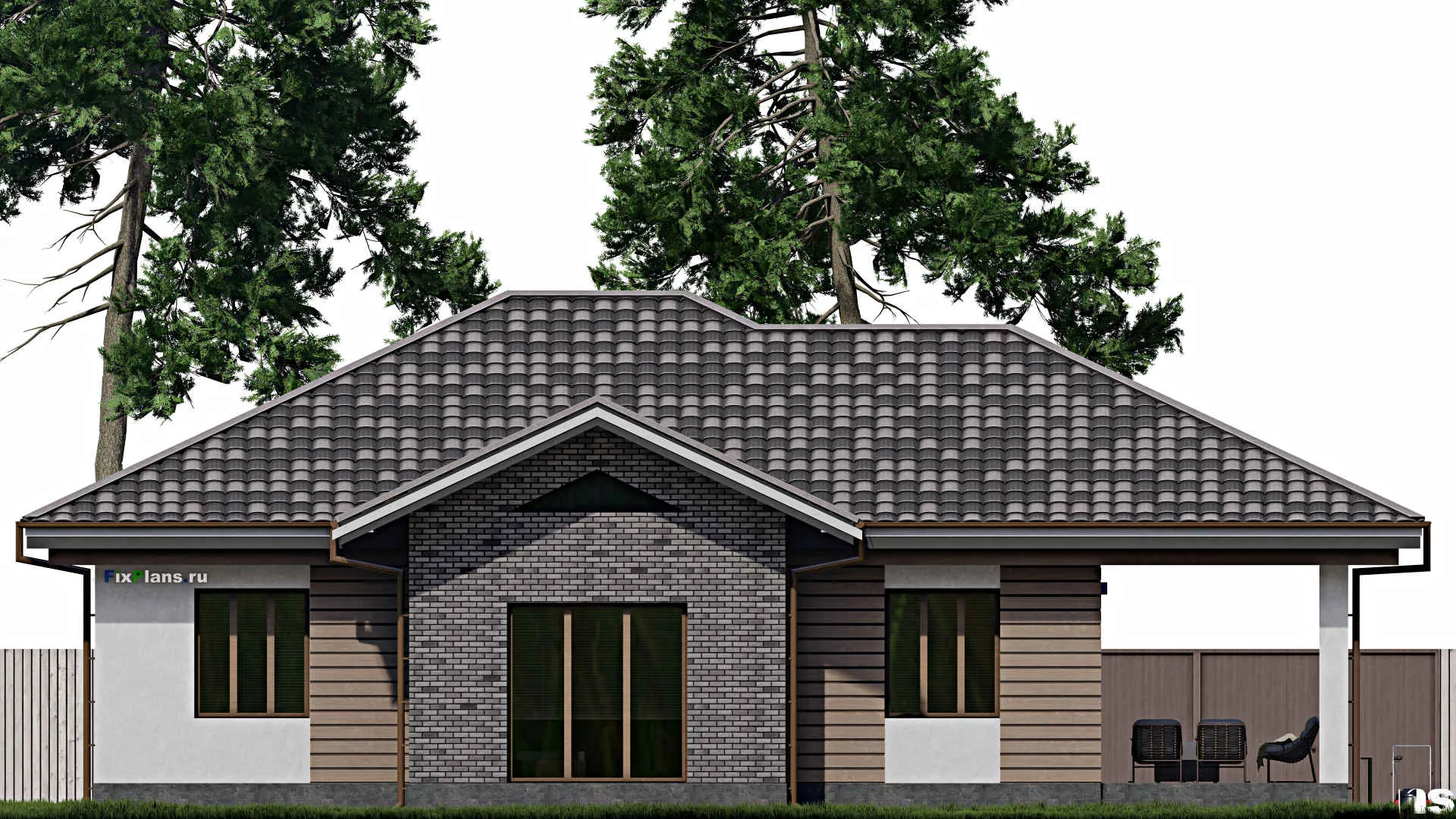 F-0467 - План одноэтажного дома 14 на 14, площадью 190 м² с террасой и 5 спальнями