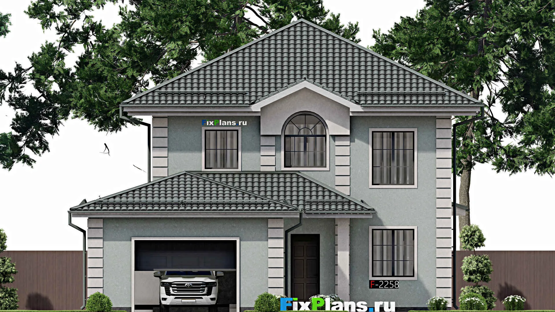 F-2258 - Проект двухэтажного дома 13 на 20, площадью 240 м² с террасой, гаражом на 2 машины и 3 спальнями