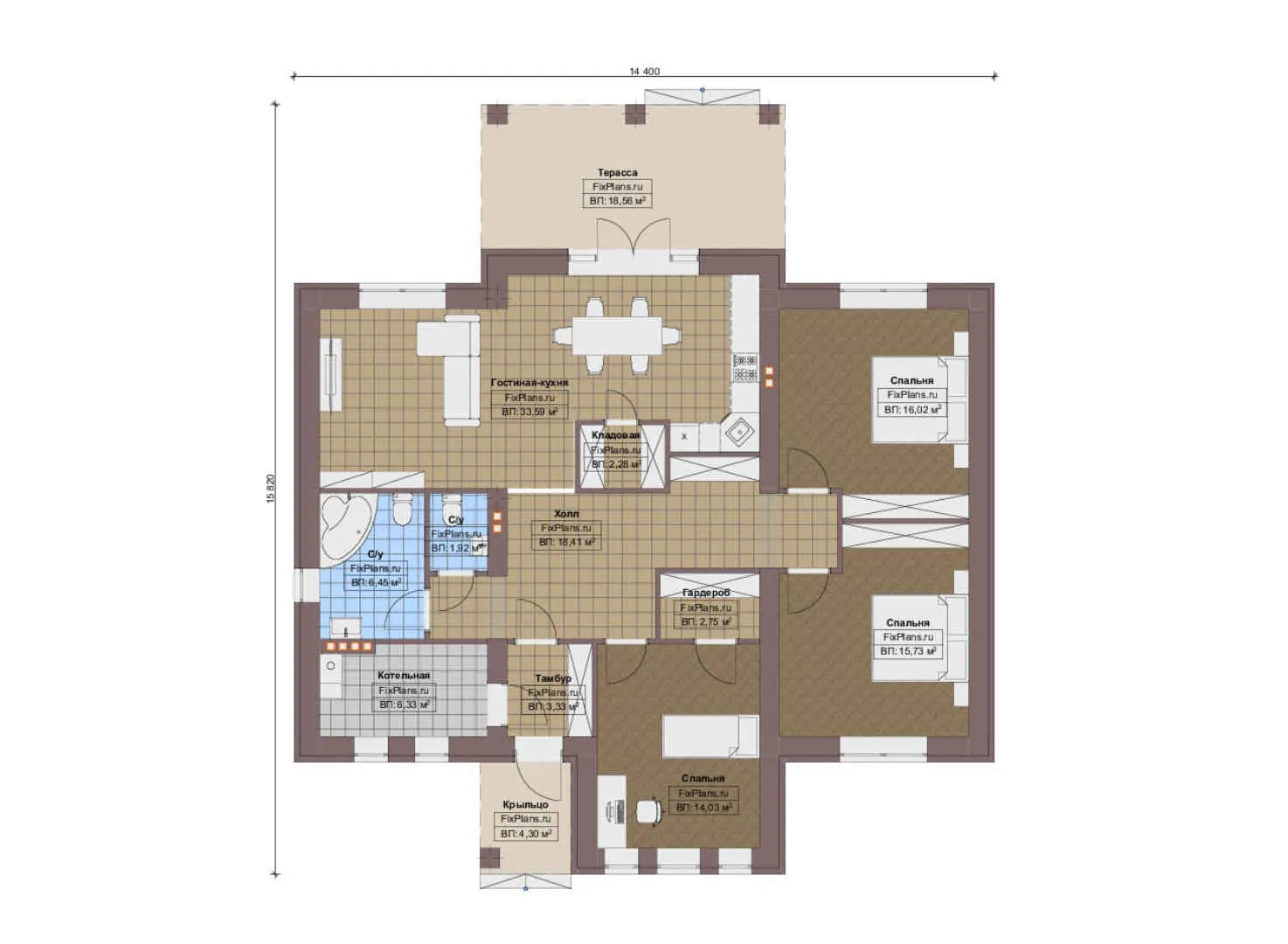 F-14282 - План одноэтажного дома 15 на 16, площадью 150 м² с террасой и 3 спальнями