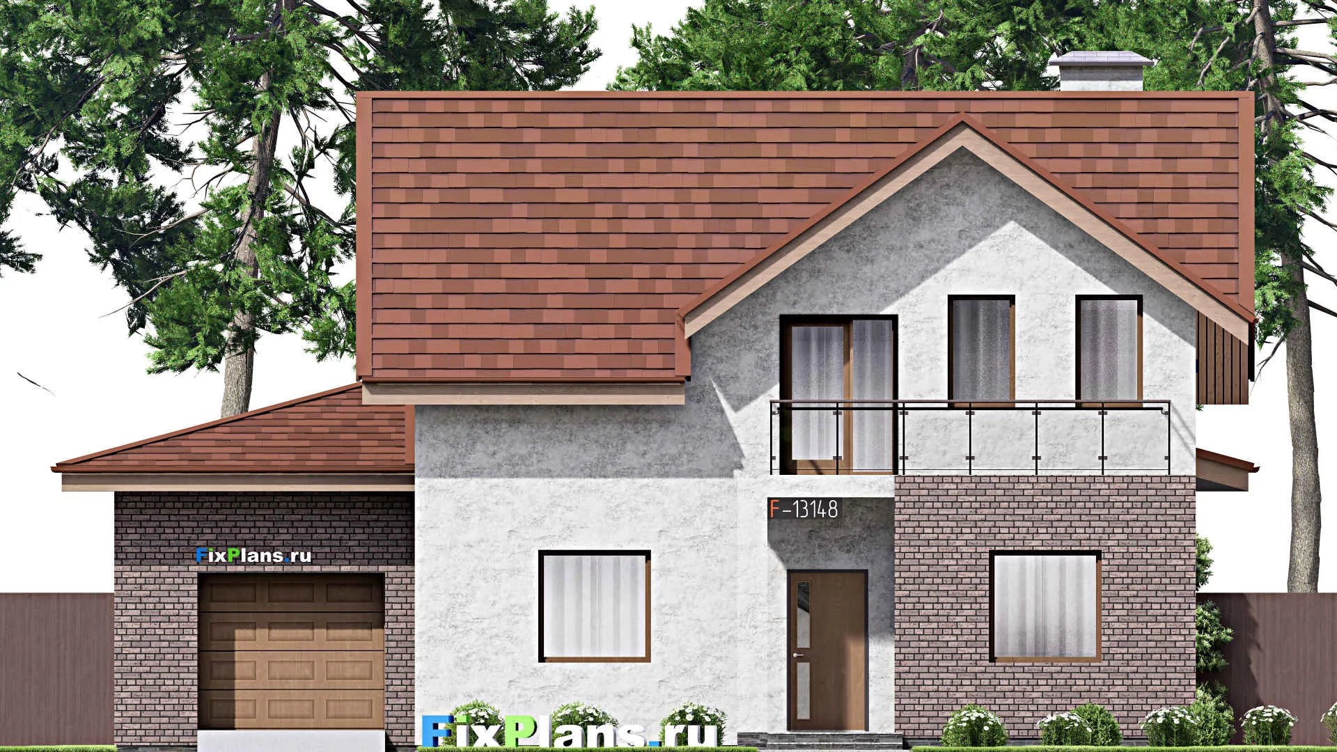 F-13148 - Проект дома с мансардой 13 на 15, площадью 230 м² с балконом, цокольным этажом, баней, гаражом на 1 машину и 2 спальнями