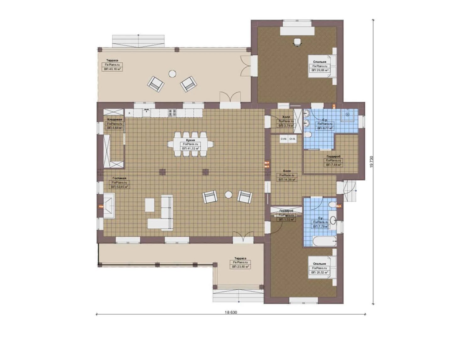 F-20303 - План одноэтажного дома 19 на 20, площадью 260 м² с террасой и 2 спальнями