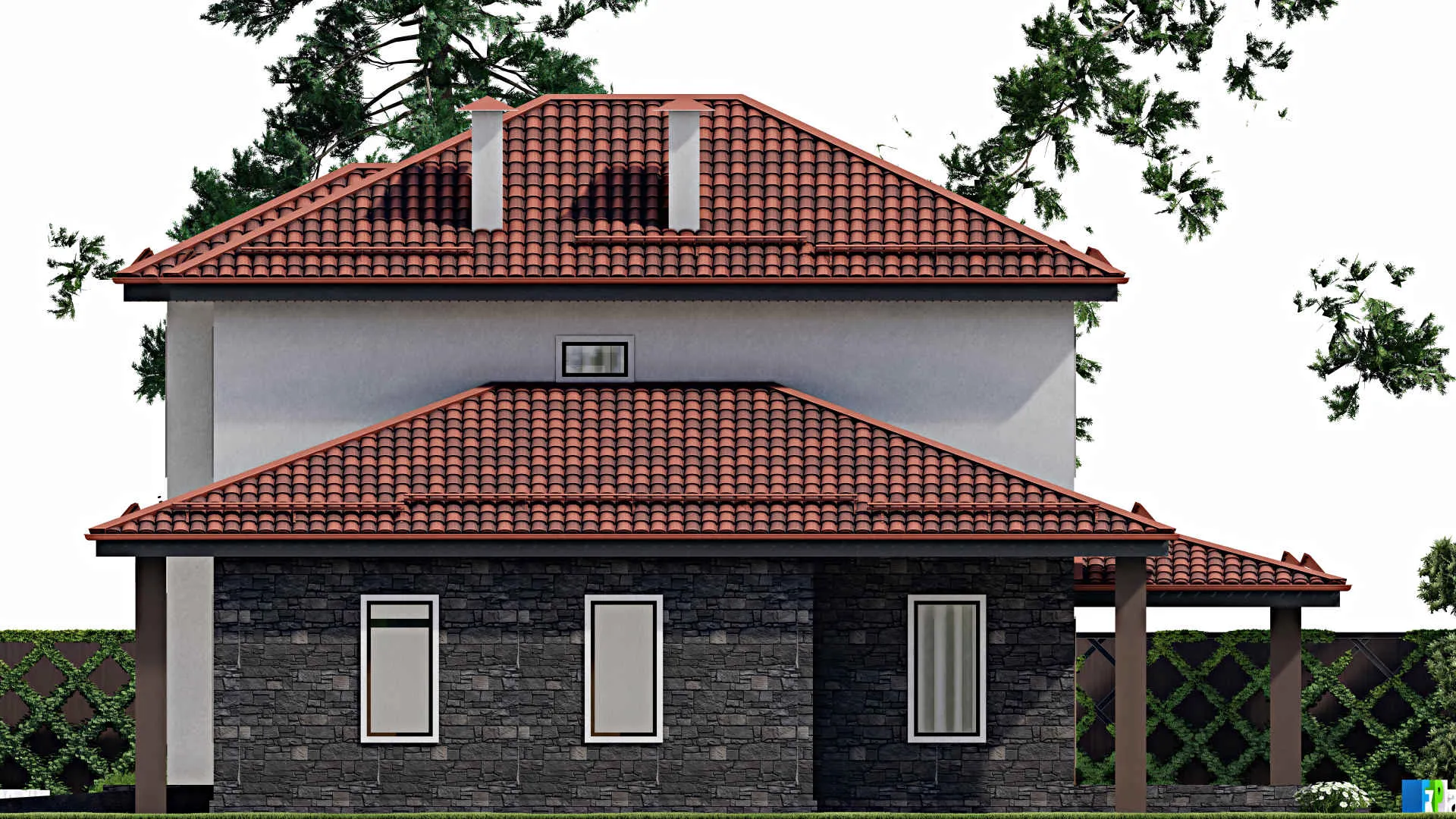 F-4247 - Планы двухэтажного дома 15 на 16, площадью 200 м² с террасой, гаражом на 1 машину и 4 спальнями