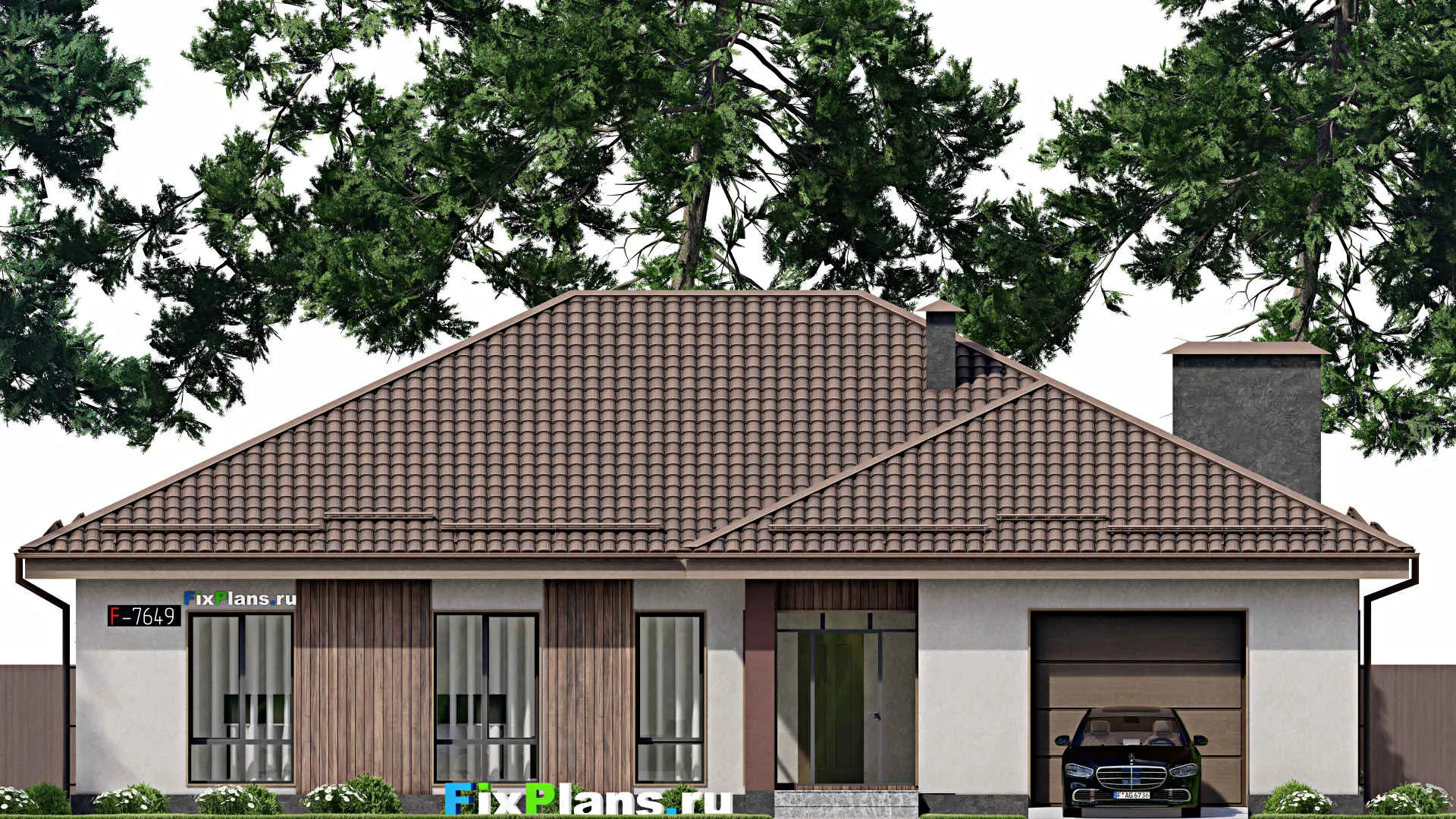 F-7649 - План одноэтажного дома 17 на 18, площадью 220 м² с гаражом на 2 машины и 3 спальнями