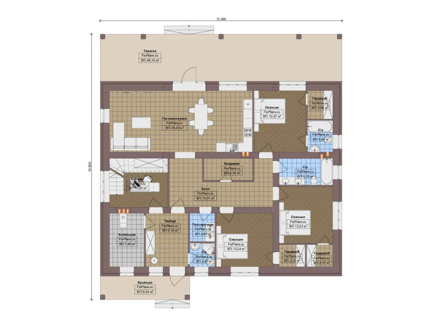 F-14237 - Планы дома с мансардой 16 на 17, площадью 280 м² с террасой и 3 спальнями