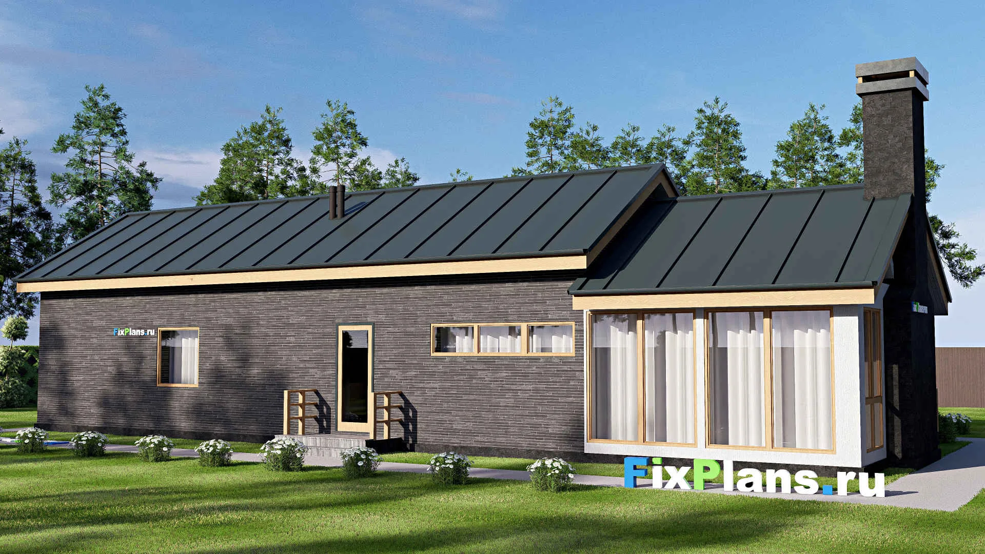 F-20681 - Проект одноэтажного дома 9 на 23, площадью 150 м² с террасой и 1 спальнями