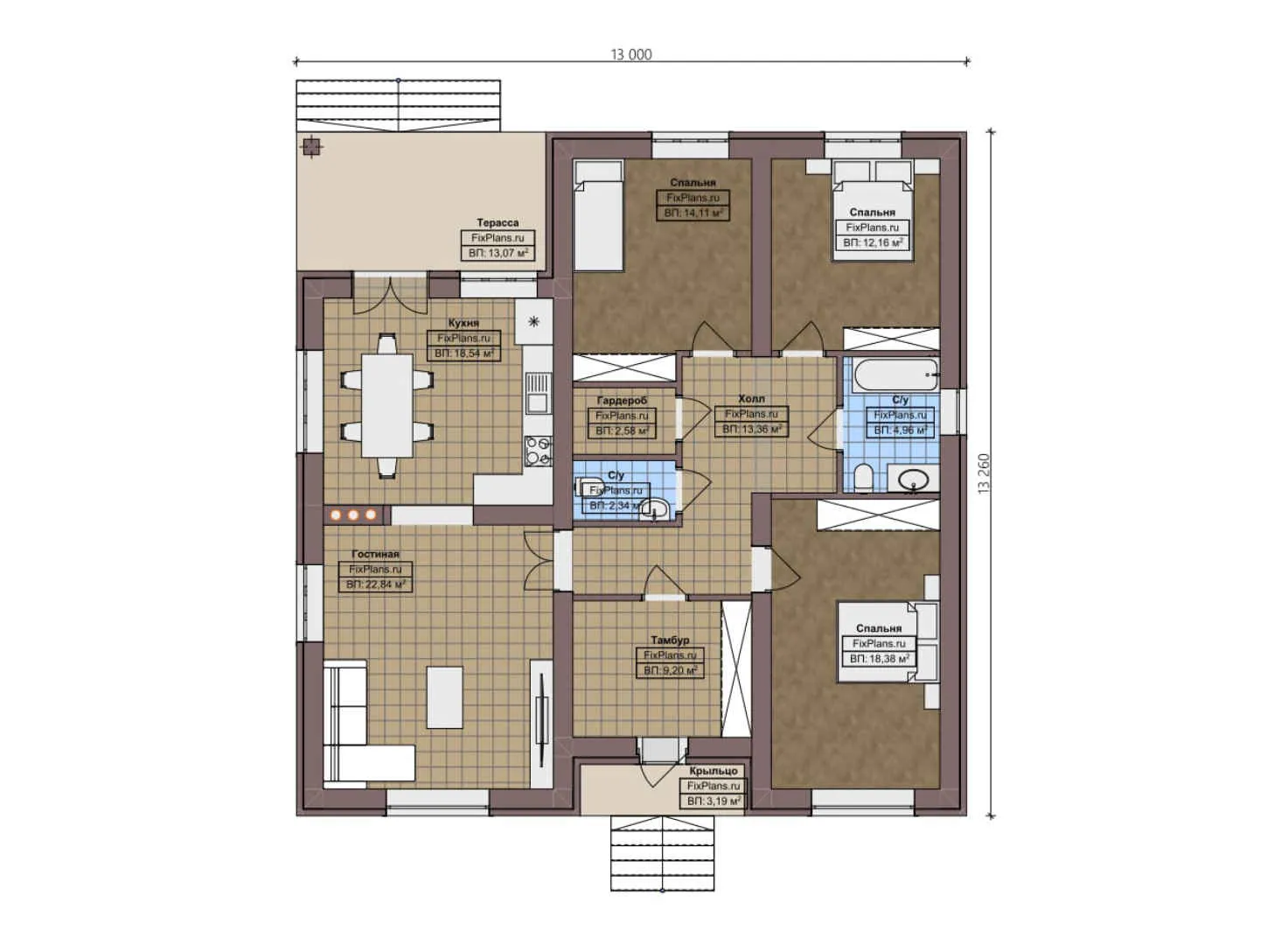 F-2654 - План одноэтажного дома 13 на 14, площадью 140 м² с террасой и 3 спальнями