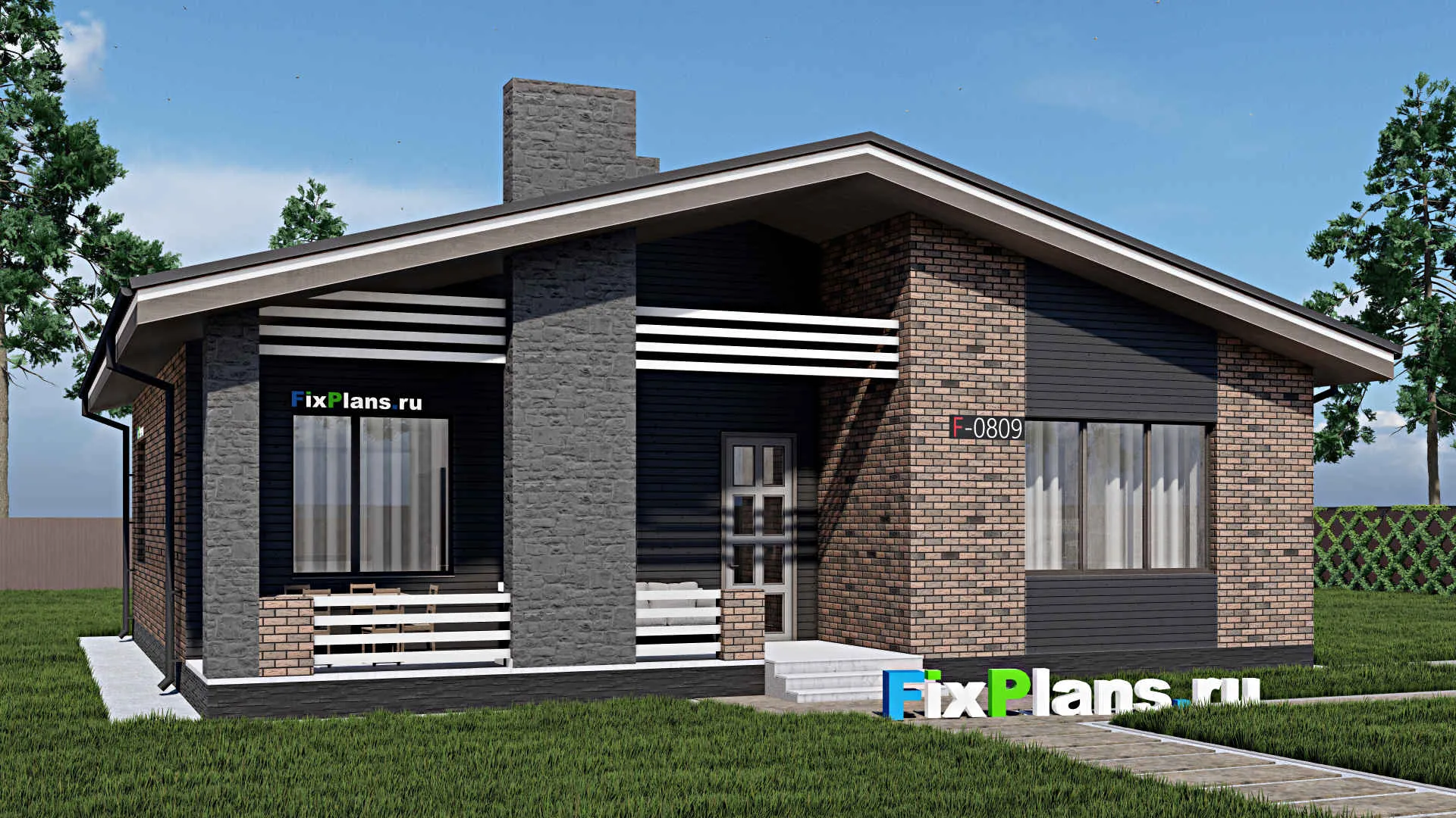 F-0809 - Проект одноэтажного дома 13 на 15, площадью 150 м² с террасой и 3 спальнями